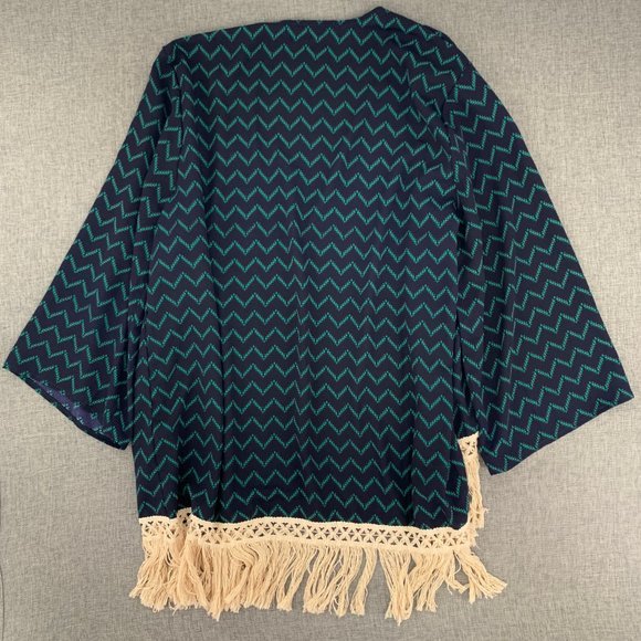 Kori America Open Boho Cardigan Beige Fringe Medium Green Navy Blue Top - Picture 9 of 11